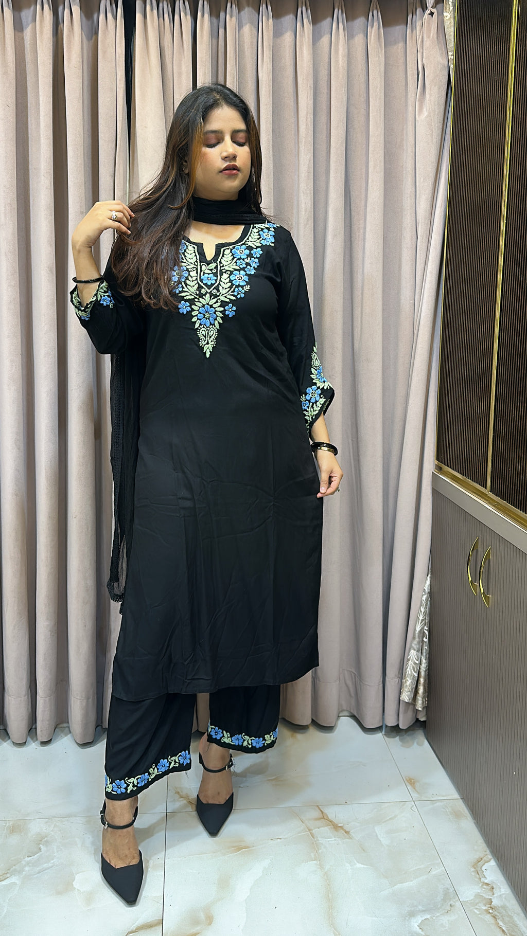 Rayon black with Blue cross sleeves plazo set