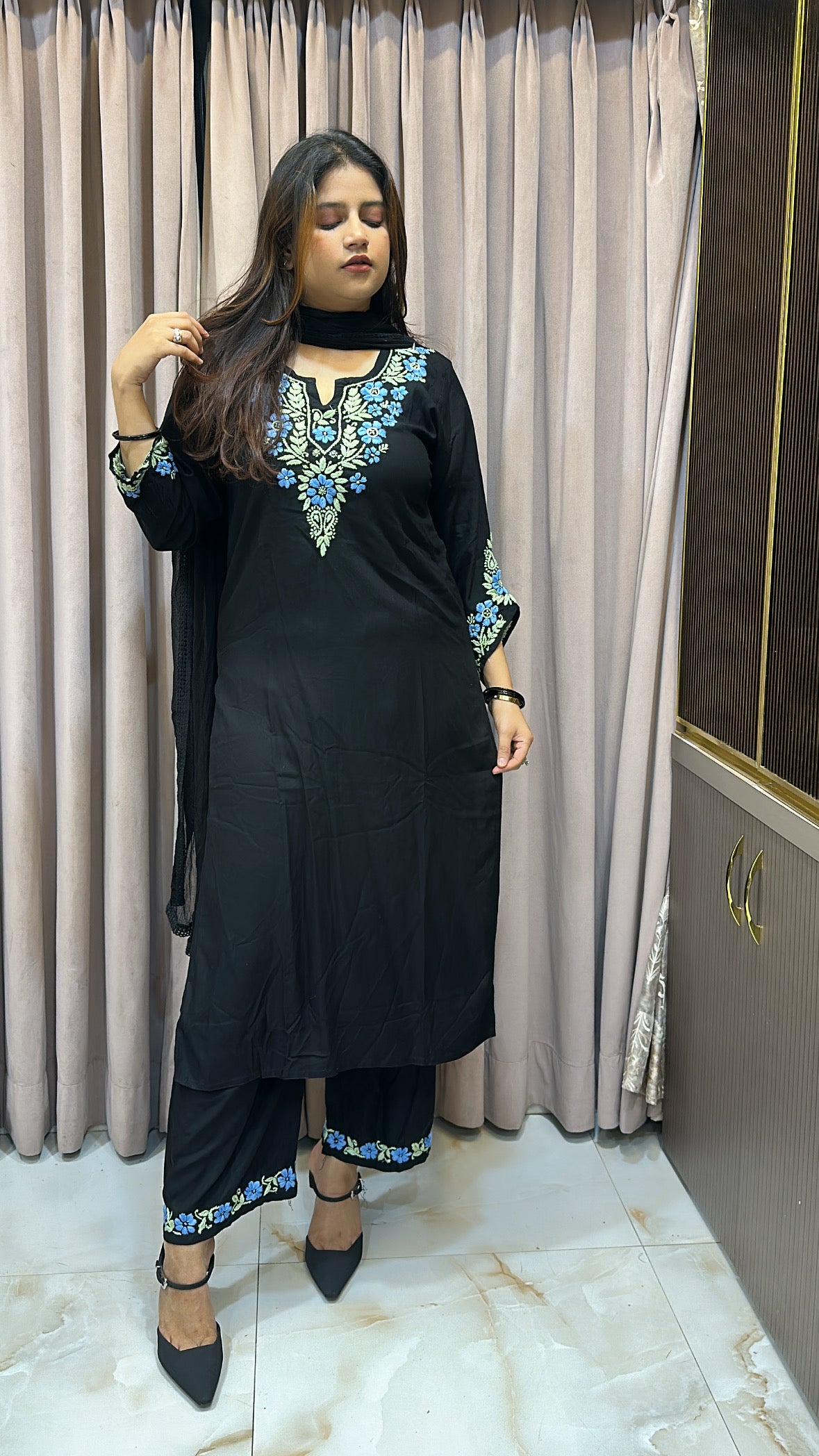 Rayon black with Blue cross sleeves plazo set