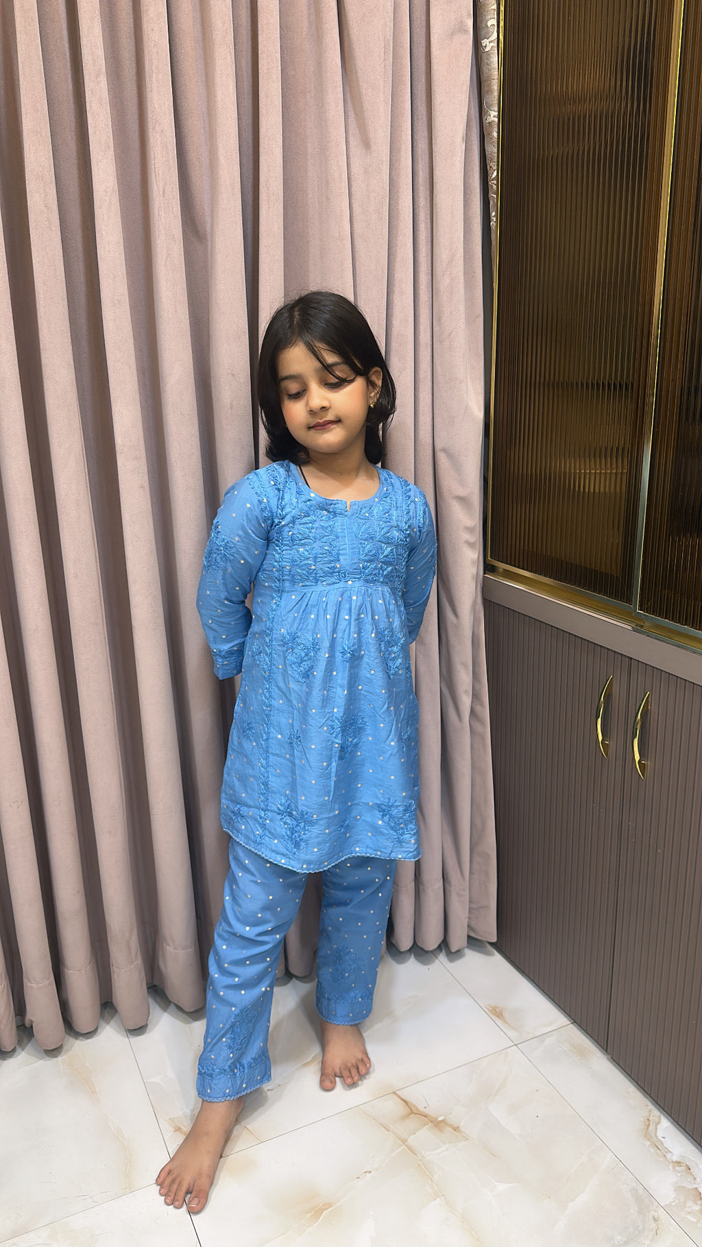 Blue lucknowi kids chanderi pant set