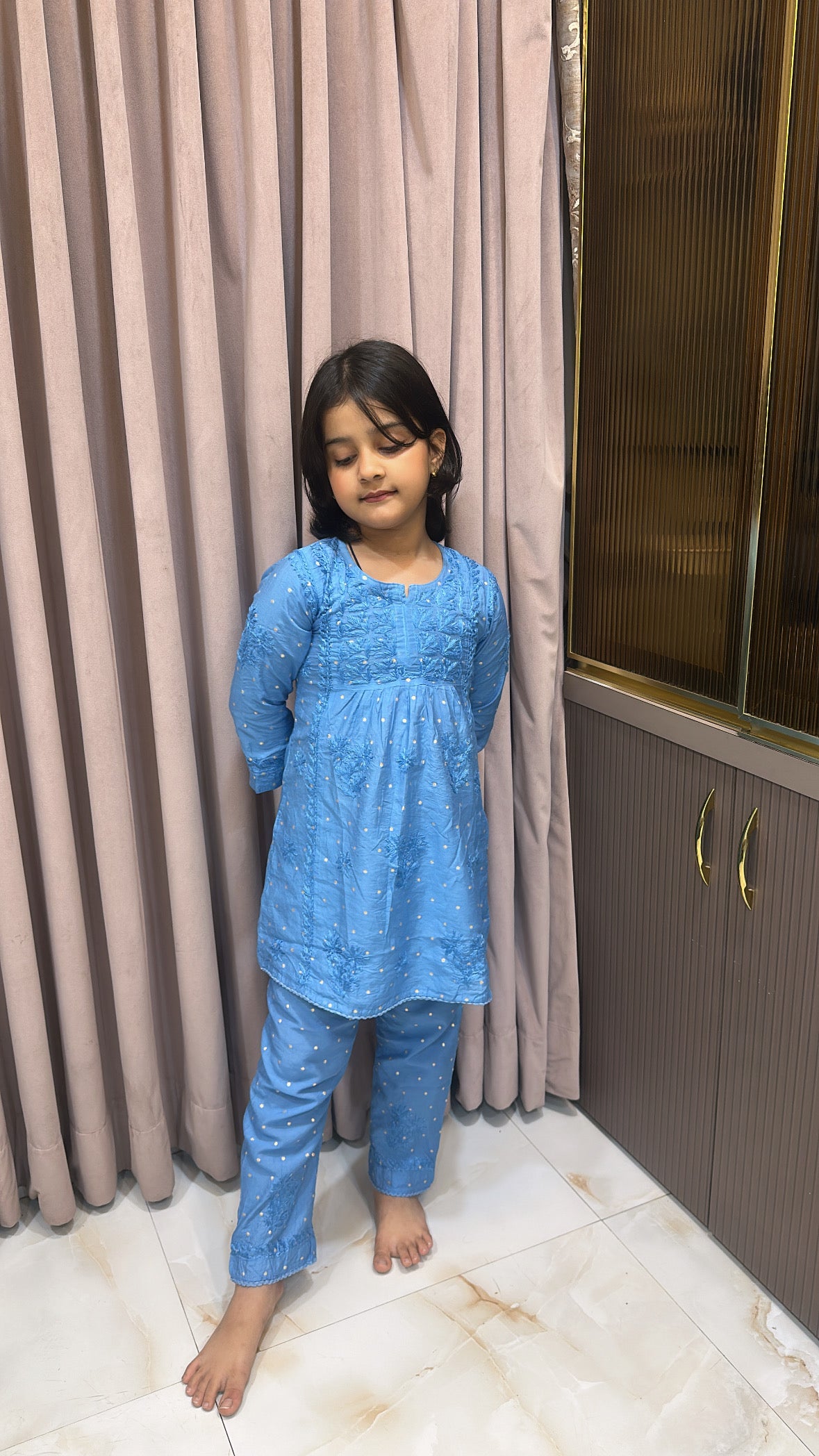 Blue lucknowi kids chanderi pant set