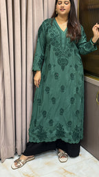Bottle green Pure modal lucknowi cut work kurti