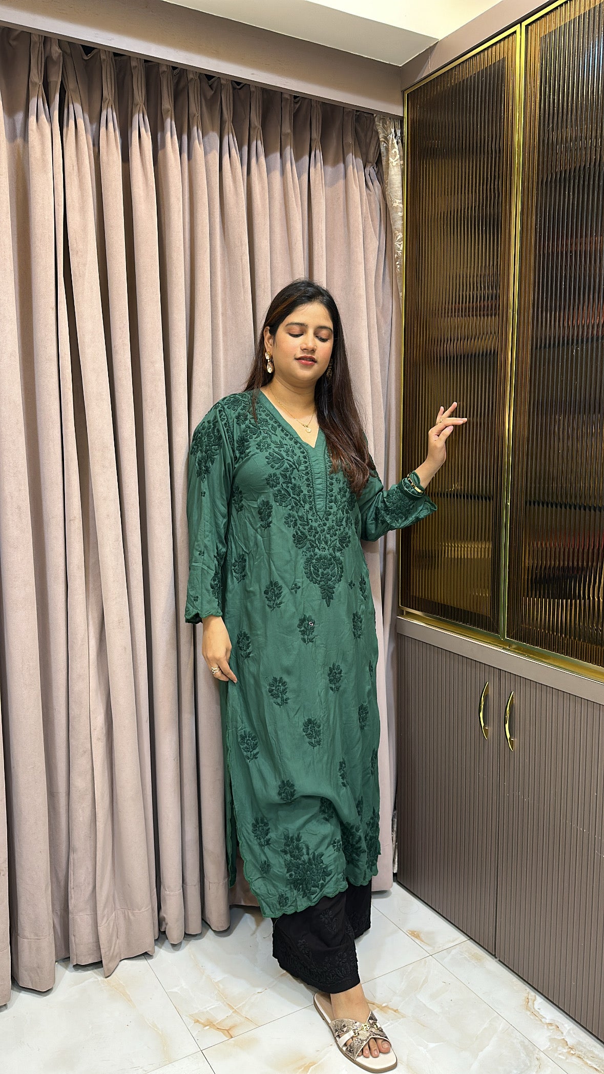 Bottle green Pure modal lucknowi cut work kurti