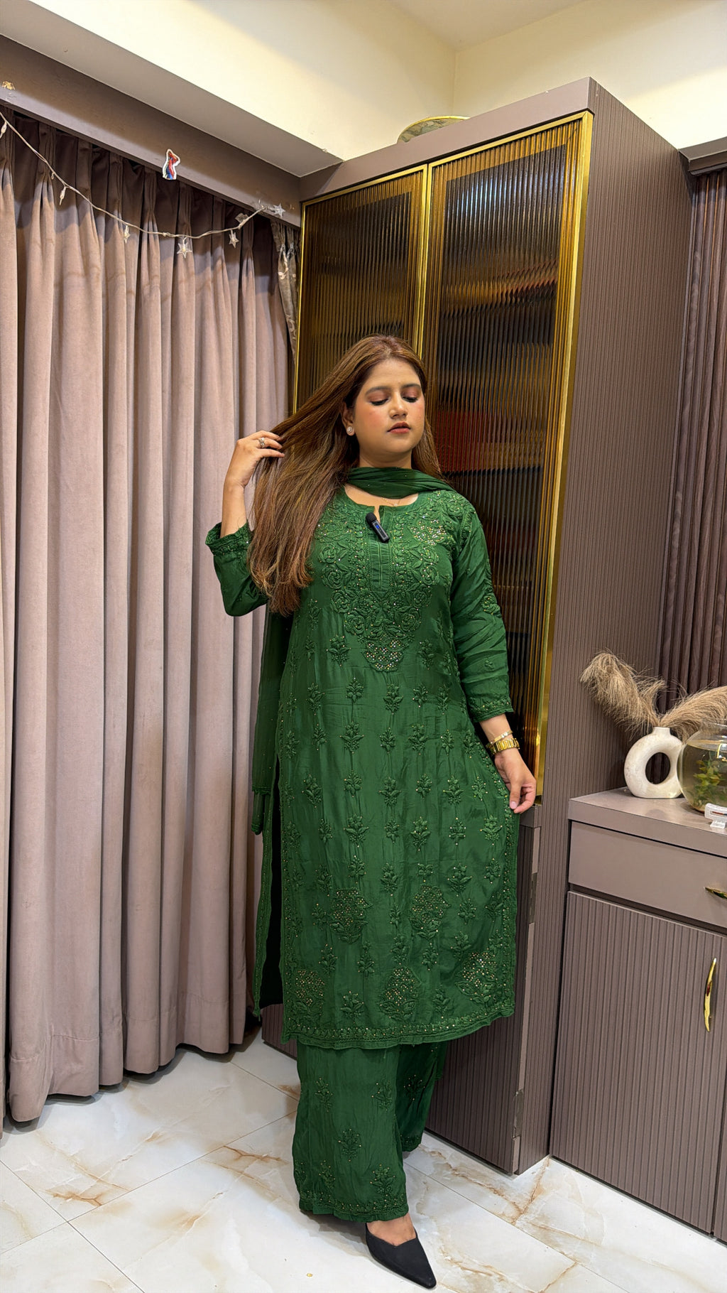 Bottle green Pure crepe jasmin 2.0 mukesh work set