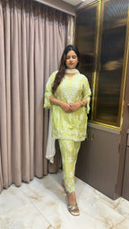 Parrot green Muslin cut work co ord