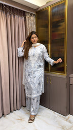 #2010 Grey Mulmul Lucknowi Plazo Suit Set | Authentic Hand Embroidery