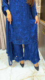 #2016 Royal Blue Pure Crepe Cutwork Lucknowi Co Ord Plazo Set