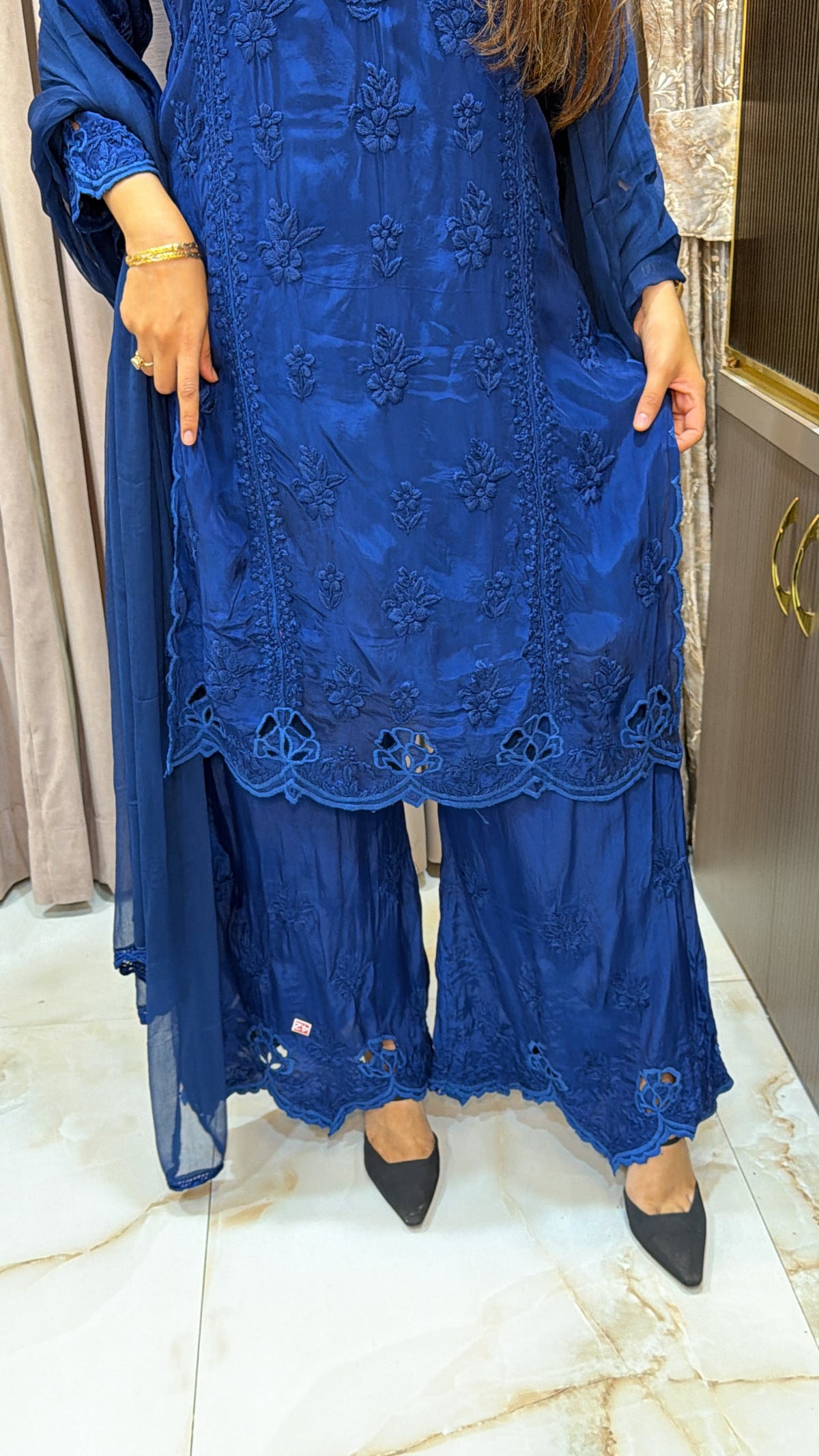 #2016 Royal Blue Pure Crepe Cutwork Lucknowi Co Ord Plazo Set