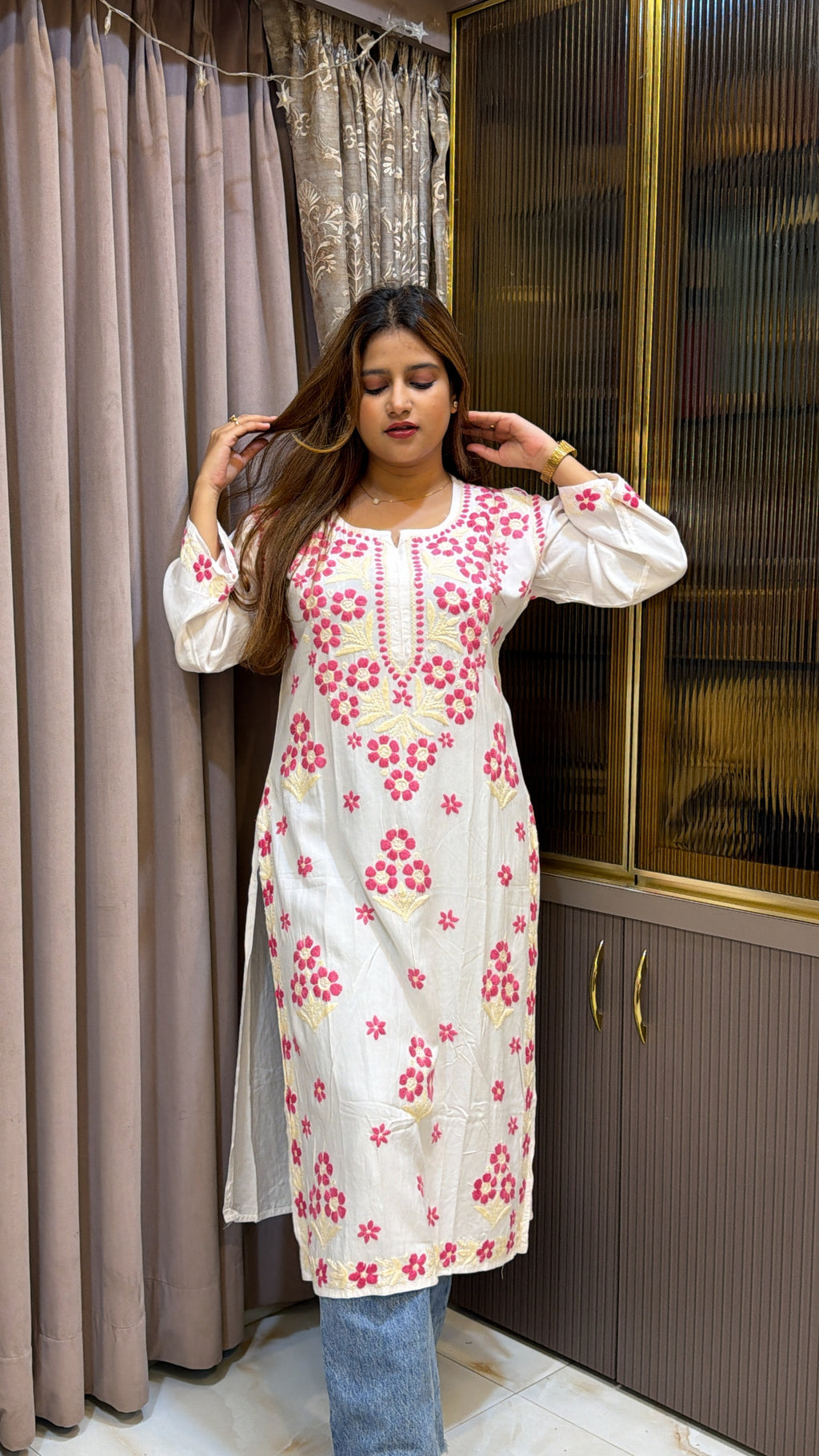 #2013 Pink & Cream Pure Rayon Lucknowi Kurti with Handwork