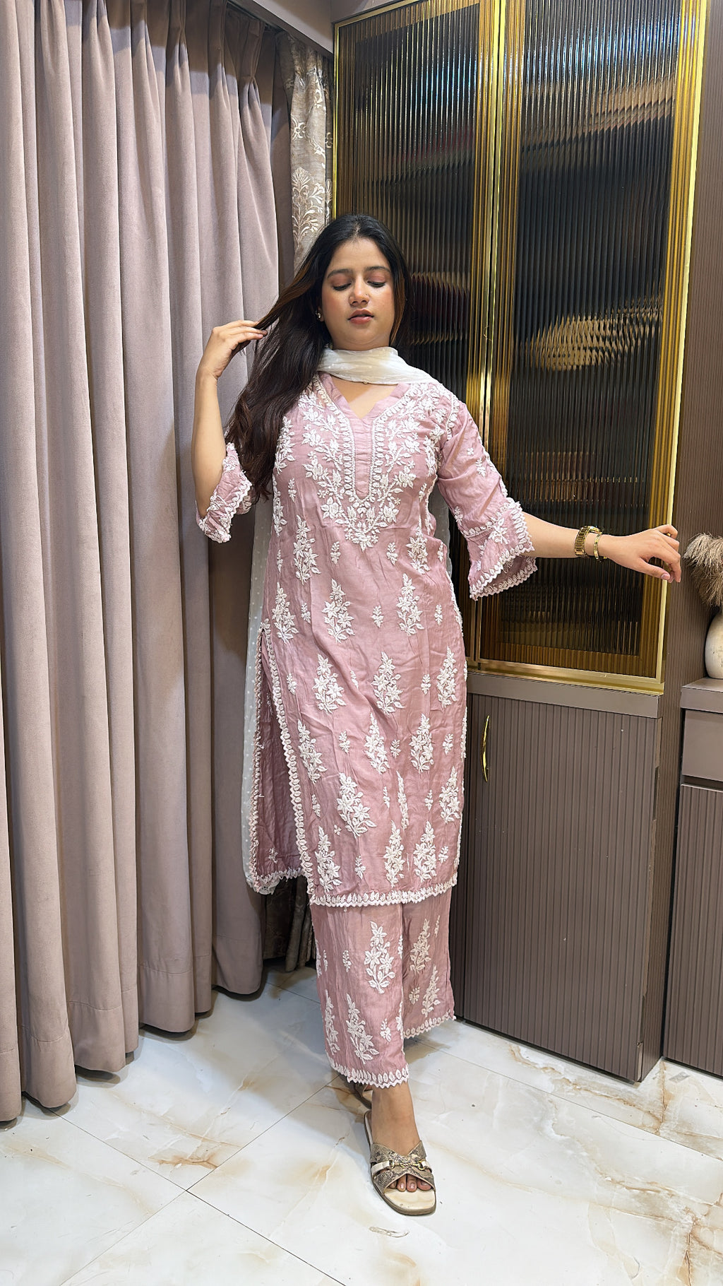 Onion Pure muslin Cutdana Cutwork set