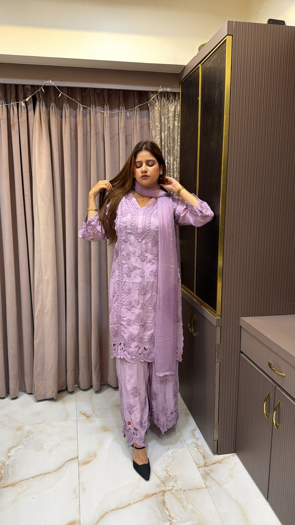 #2016 Lilac Pure Crepe Cutwork Lucknowi Co Ord Plazo Set