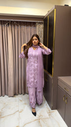 #2016 Lilac Pure Crepe Cutwork Lucknowi Co Ord Plazo Set