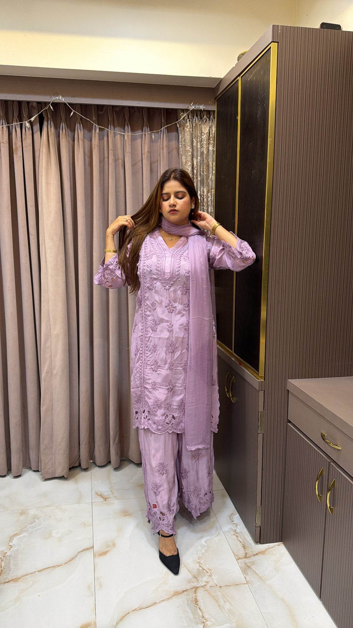 #2016 Lilac Pure Crepe Cutwork Lucknowi Co Ord Plazo Set
