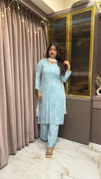 Powder Blue Jasmin crepe cutwork set with mukesh work