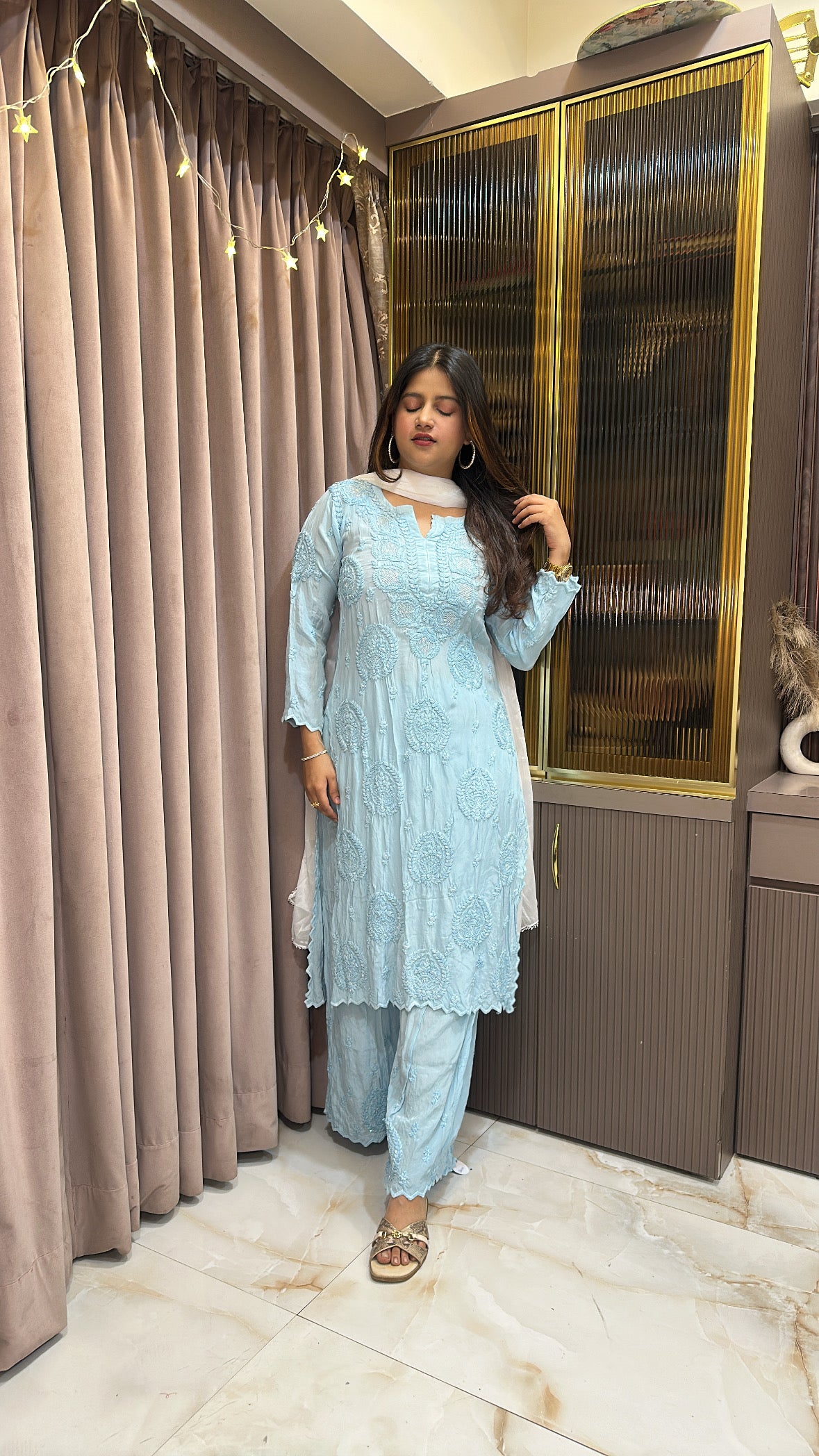 Powder Blue Jasmin crepe cutwork set with mukesh work