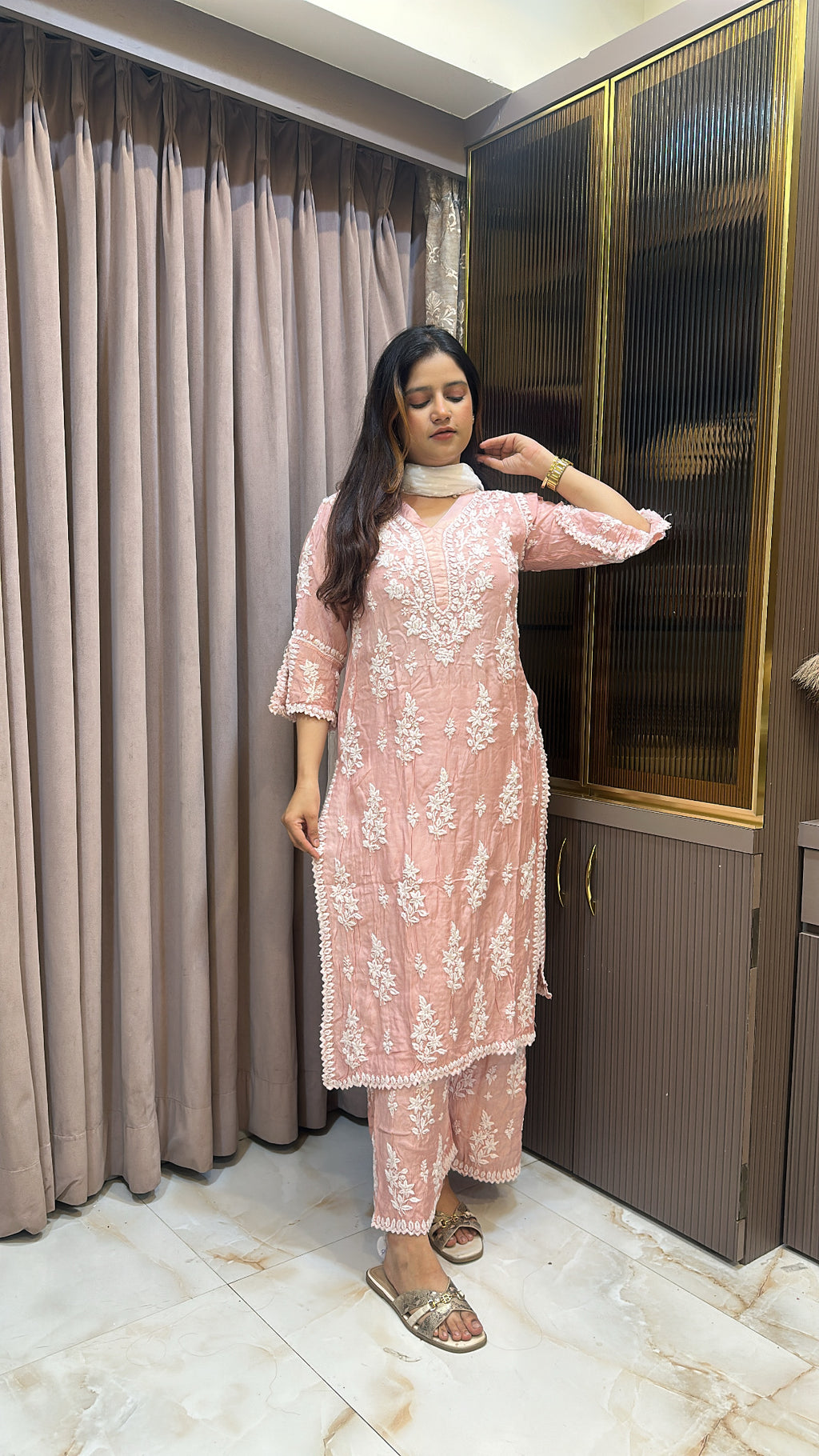 Peach Pure muslin Cutdana Cutwork set