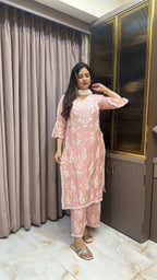 Peach Pure muslin Cutdana Cutwork set