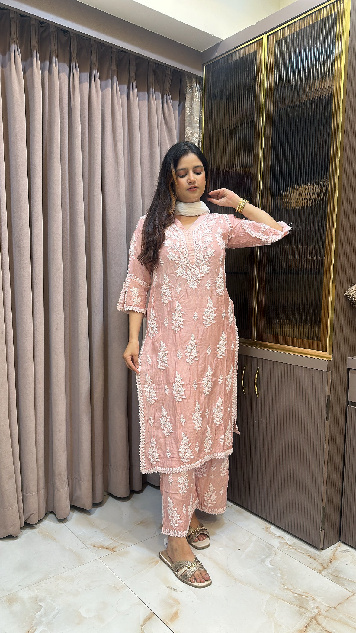 Peach Pure muslin Cutdana Cutwork set