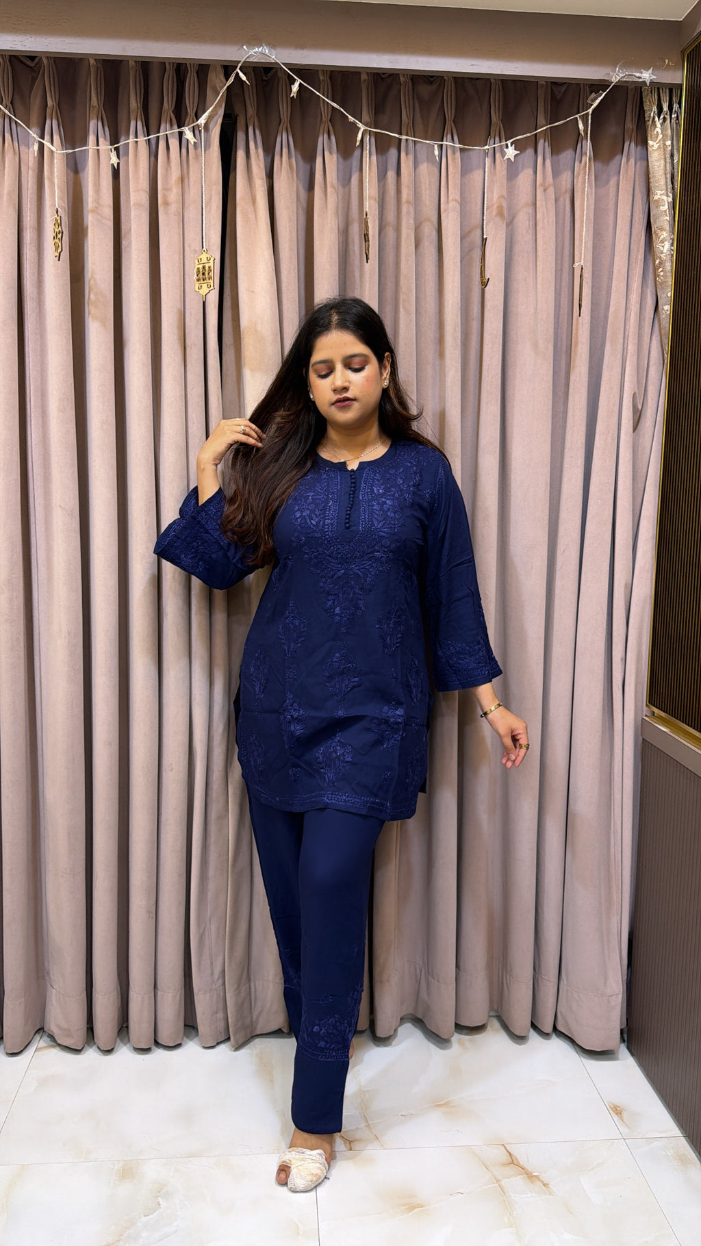 Navy Blue Rayon Lucknowi Pant Co ord Set