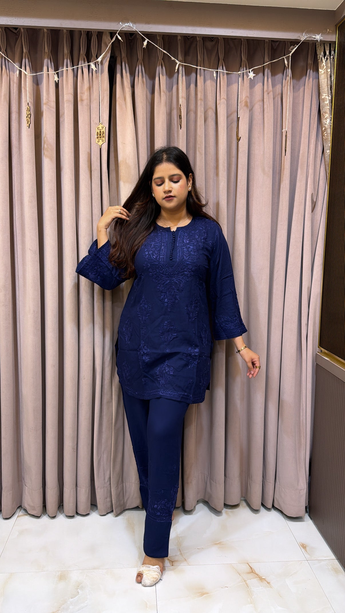 Navy Blue Rayon Lucknowi Pant Co ord Set