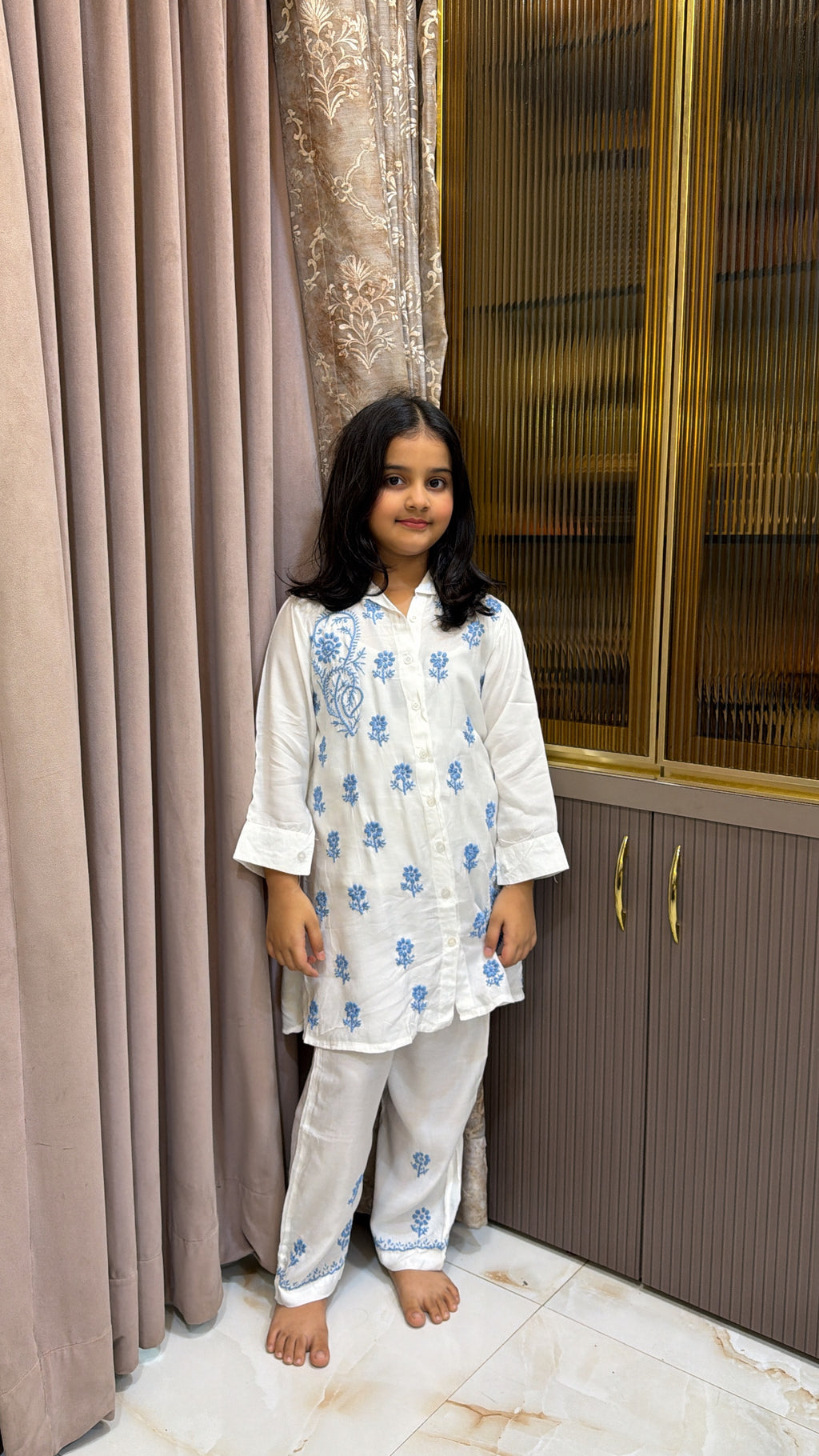#2020 Blue Kids Rayon White with Coloured Co-Ord Set
