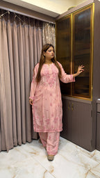 #2018 Coral Peach Organza Crepe Plazo Set