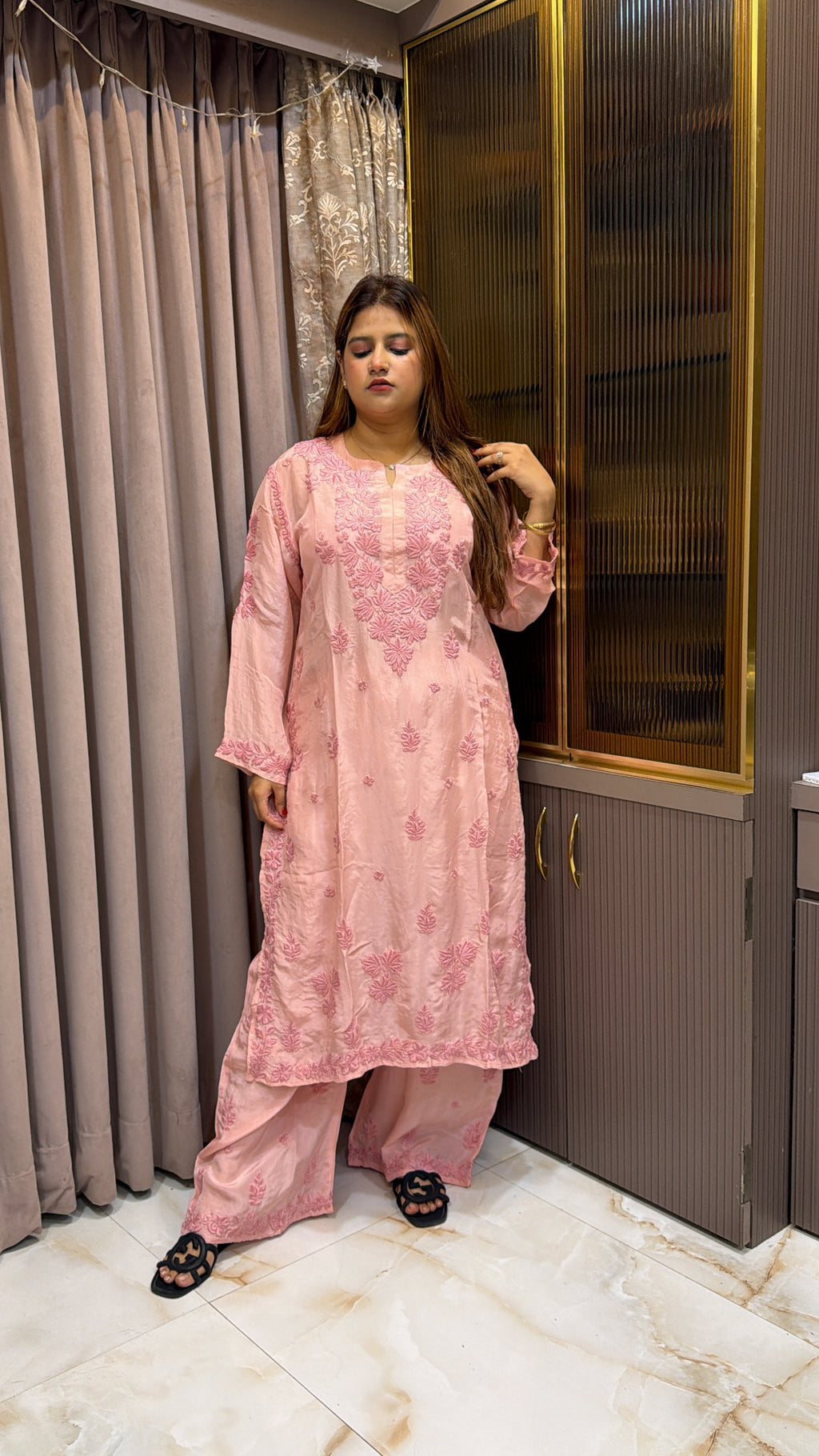 #2018 Coral Peach Organza Crepe Plazo Set