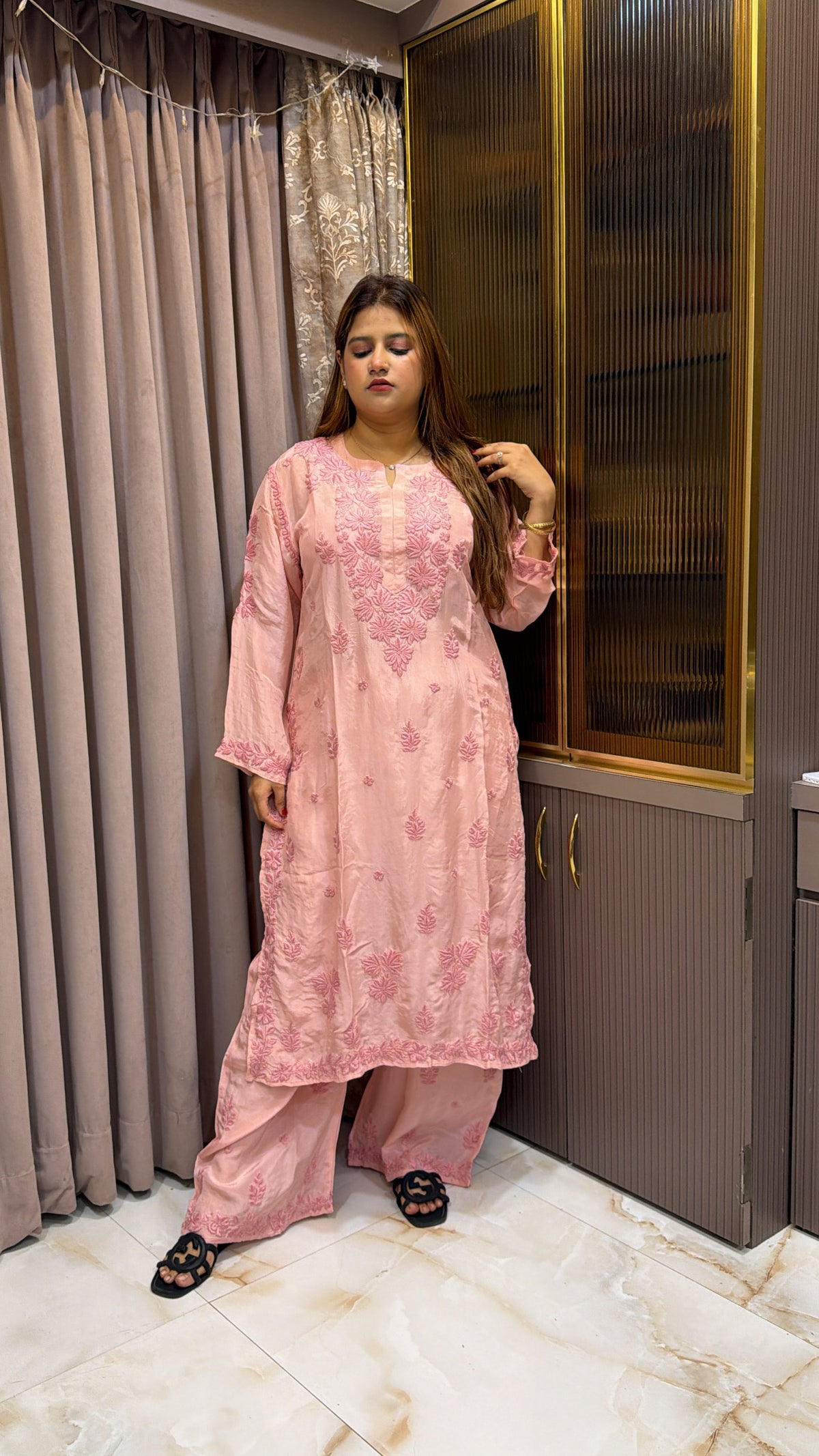 #2018 Coral Peach Organza Crepe Plazo Set