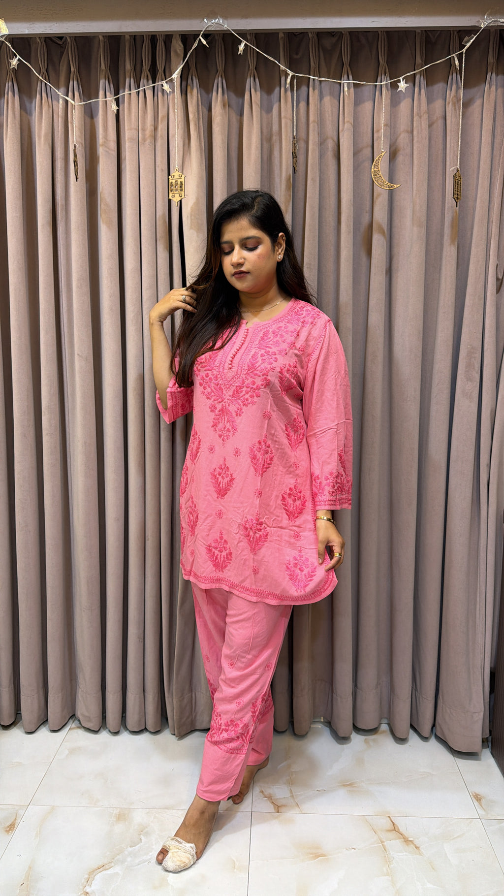 Dark Peach Rayon lucknowi pant co ord set