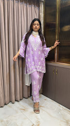 Purple Muslin cut work co ord
