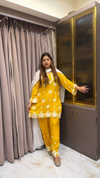 #2021 Mango Yellow Muslin Lucknowi Cutwork Co-Ord Set