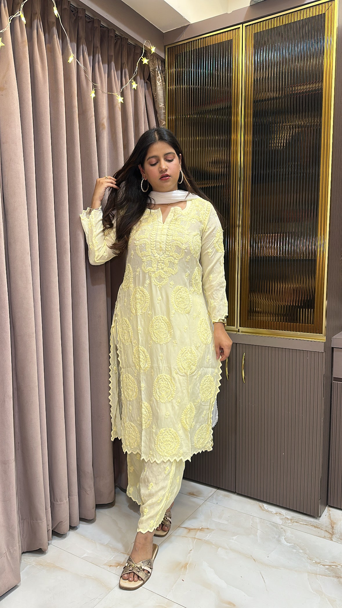 Yellow Jasmin crepe cutwork set with mukesh work