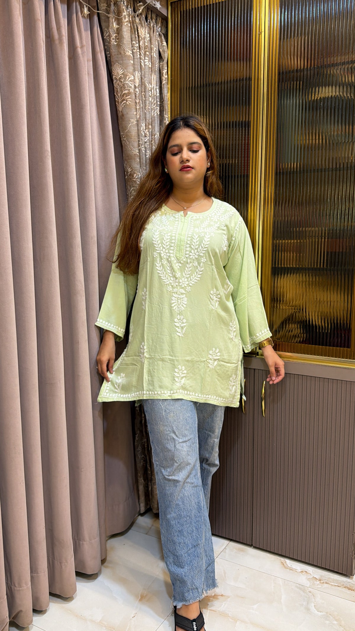 #2014 Light Green Pure Rayon Lucknowi Short Top