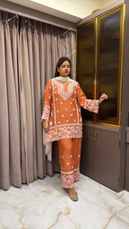 #2022 Rust Muslin Lucknowi Cutwork Co-Ord Set