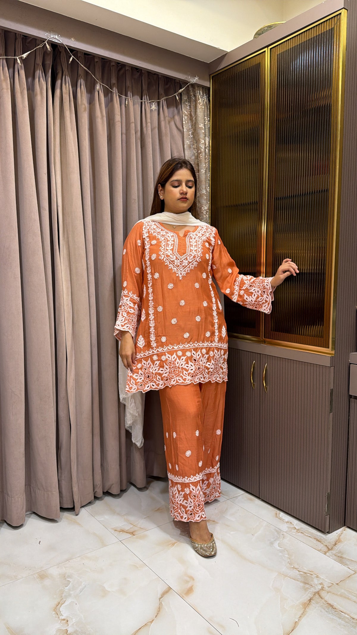 #2022 Rust Muslin Lucknowi Cutwork Co-Ord Set