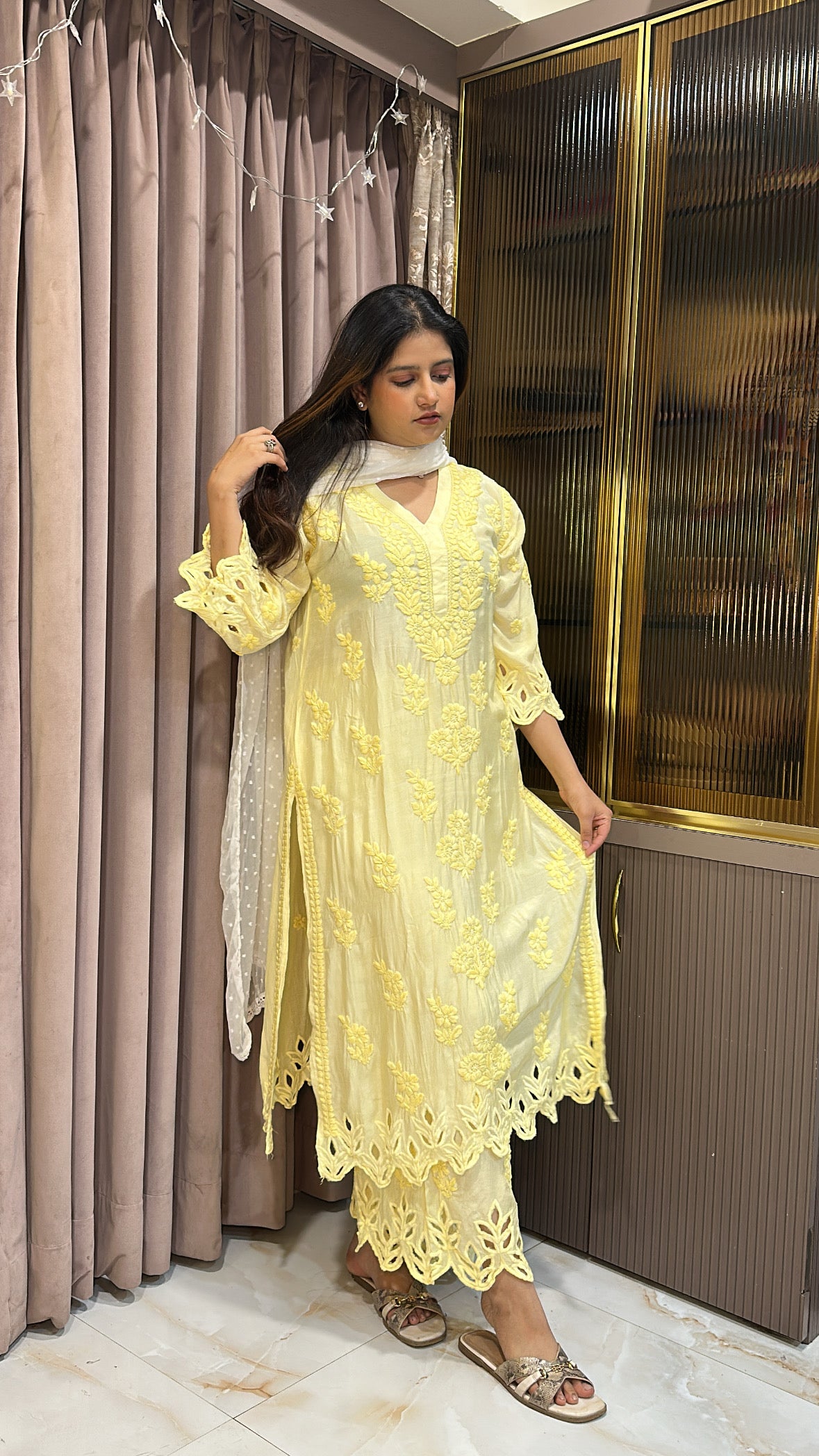 Yellow Safa pure muslin cutwork set