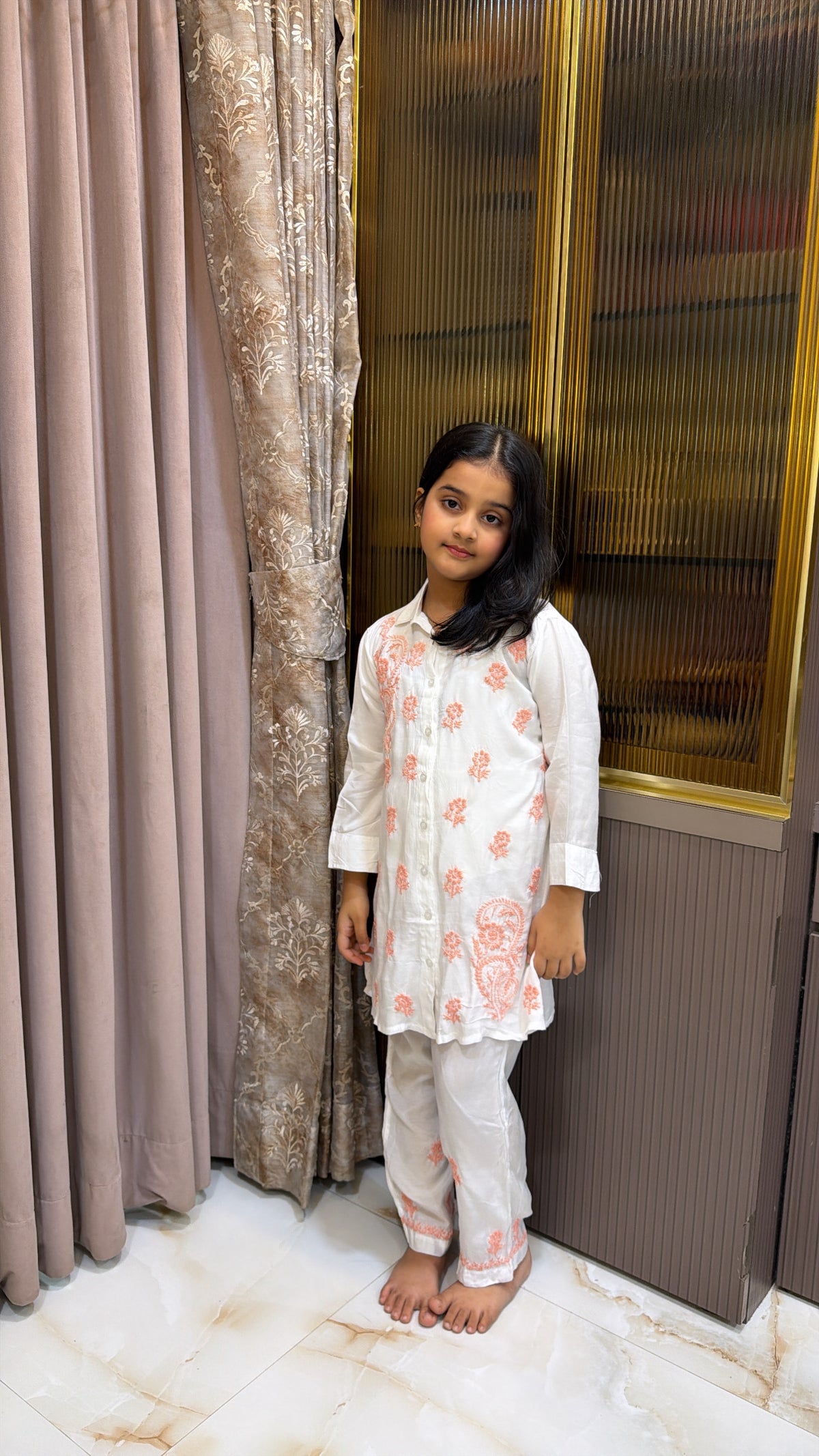 #2020 Peach Kids Rayon White with Coloured Co-Ord Set
