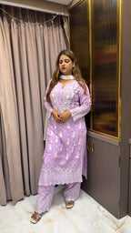 Purple  Muslin chikan lucknowi work set