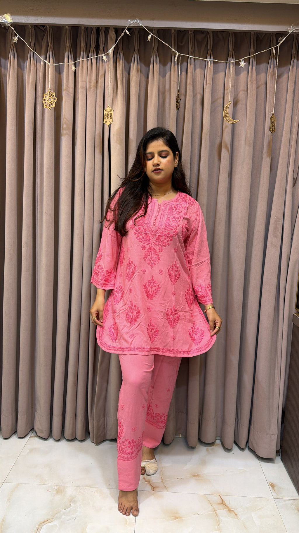 Dark Peach Rayon lucknowi pant co ord set