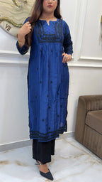 Dark blue Pure Muslin black embroidery