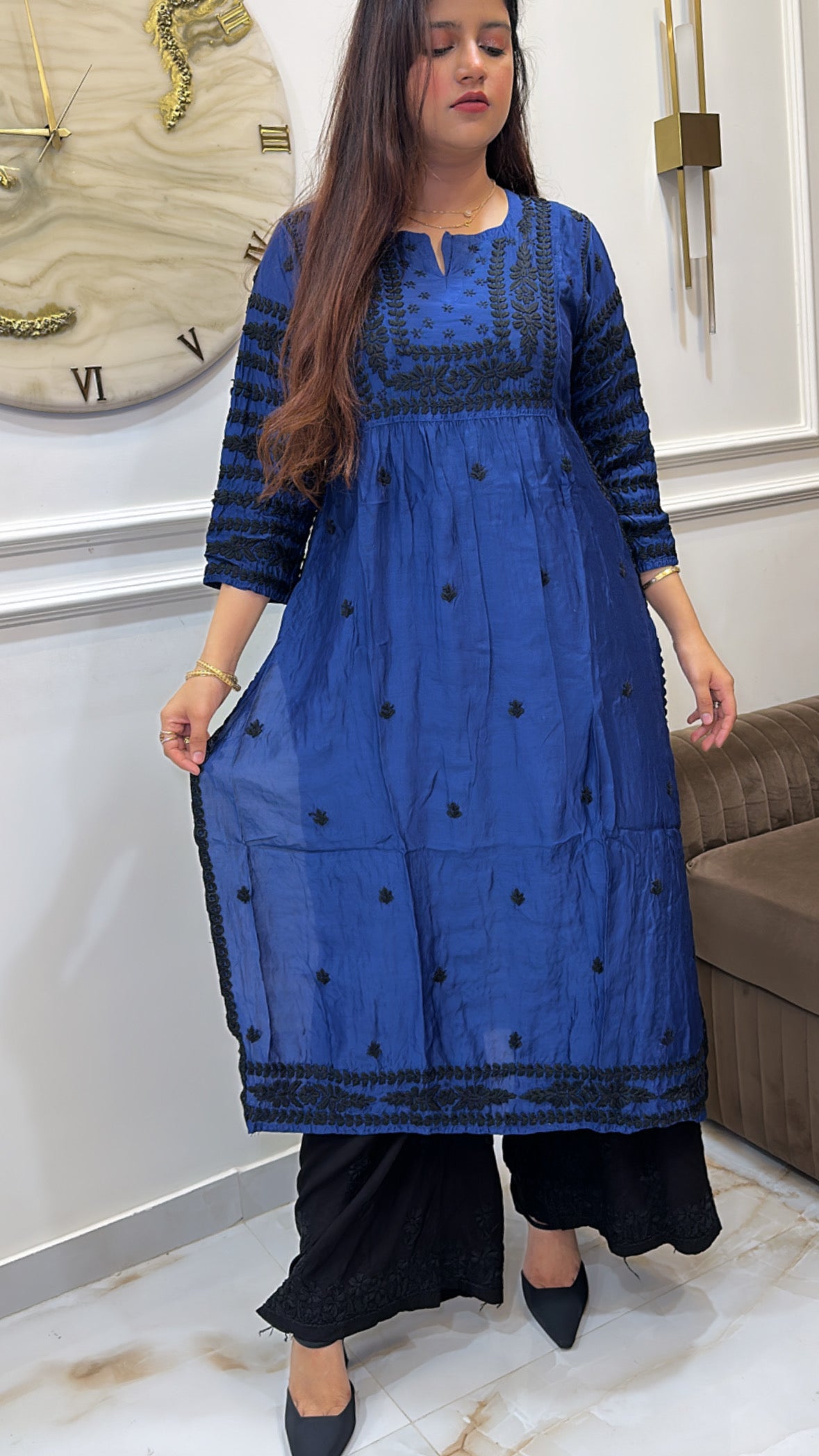 Dark blue Pure Muslin black embroidery
