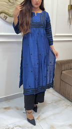 Dark blue Pure Muslin black embroidery