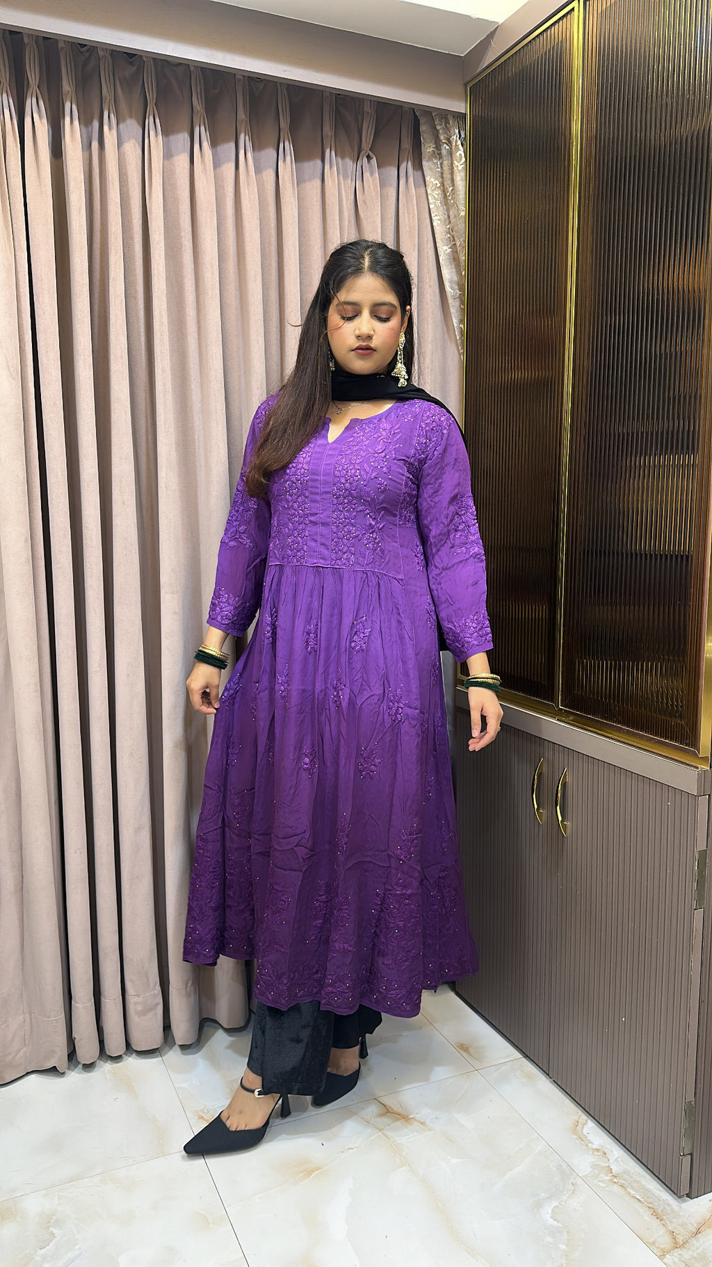 Dark purple Crepe Mukesh work  Aline gown