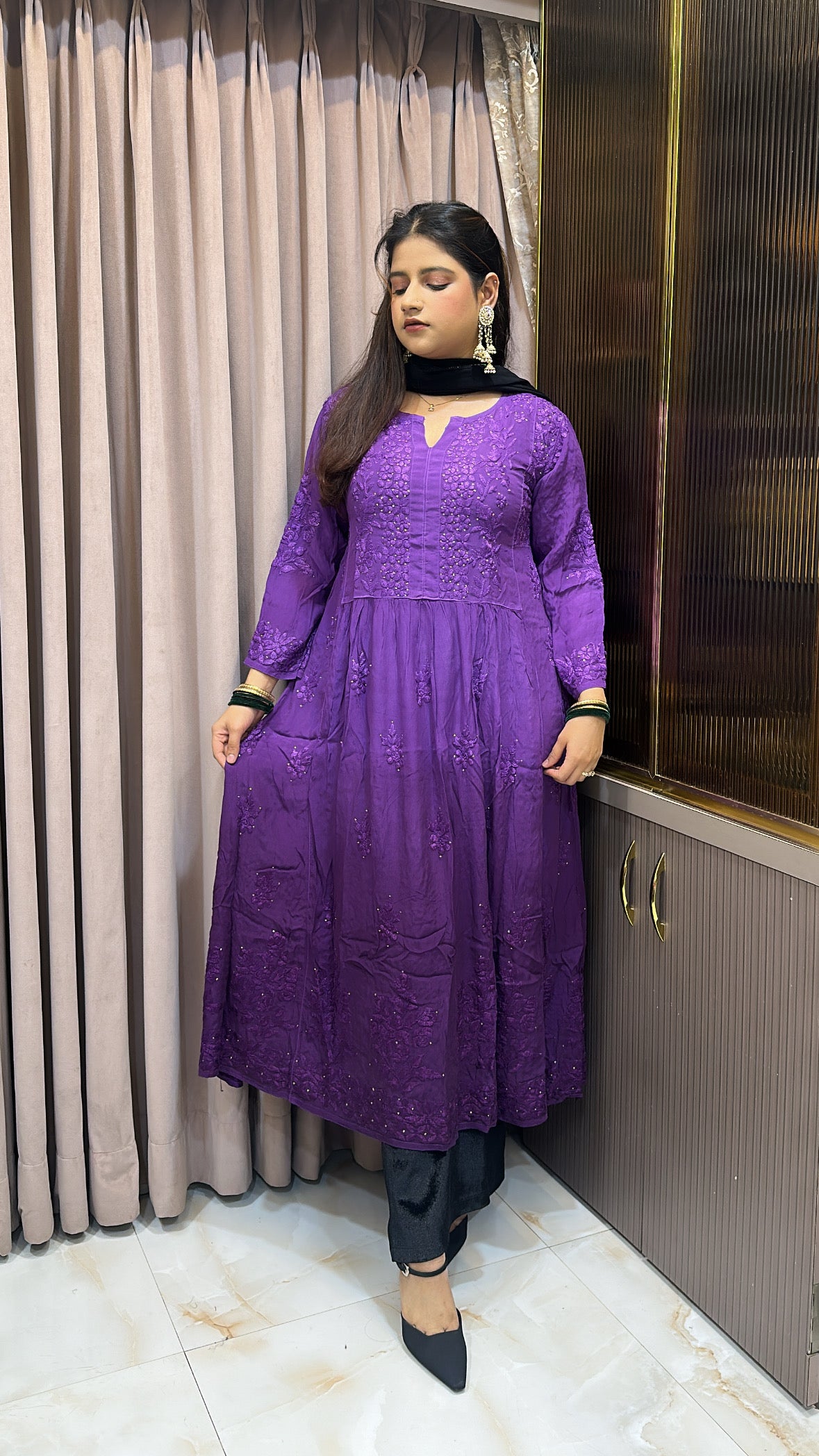 Dark purple Crepe Mukesh work  Aline gown