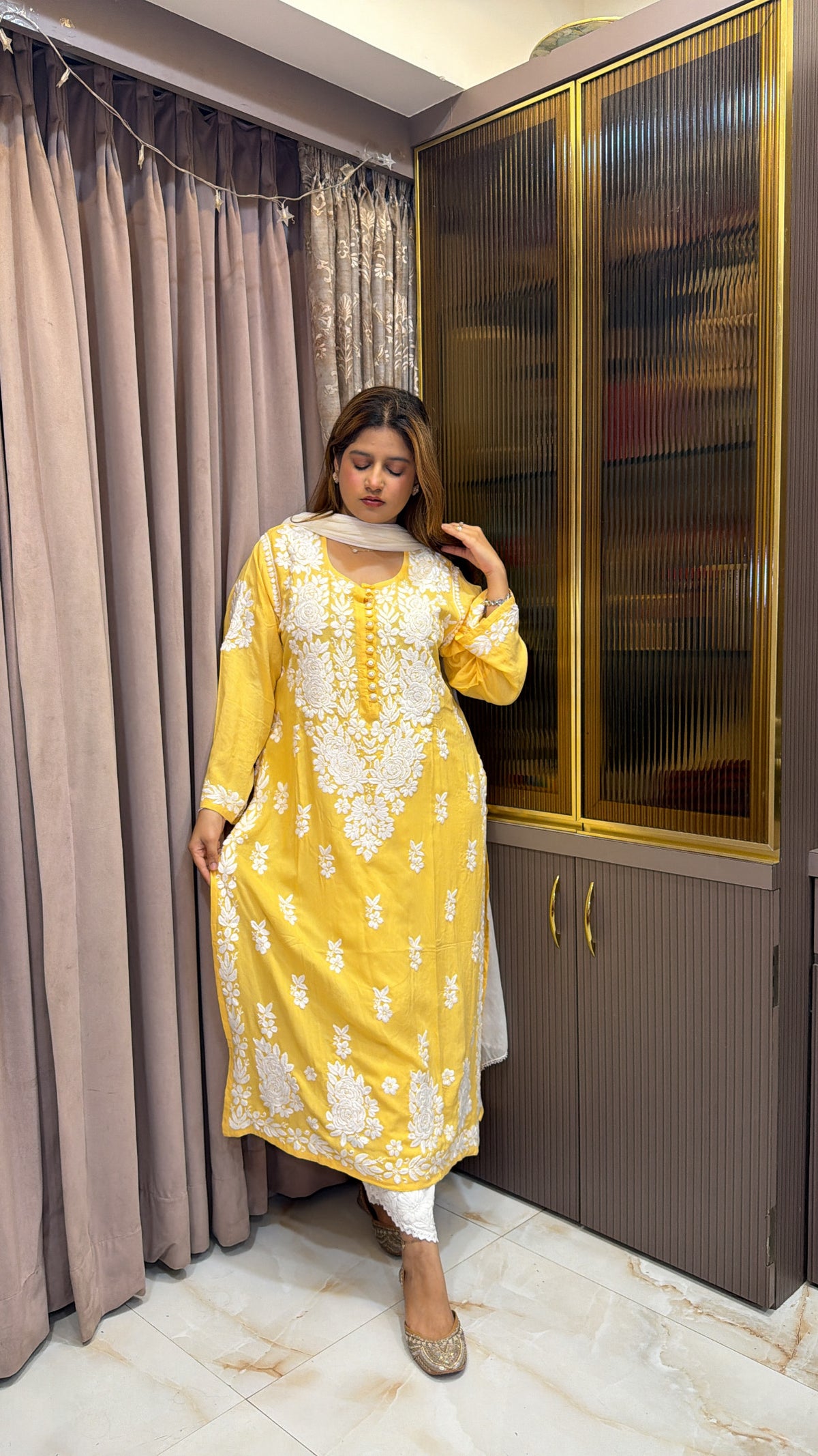 #2009 Yellow Rayon Handwork Lucknowi Kurti | Summer Ethnic Wear