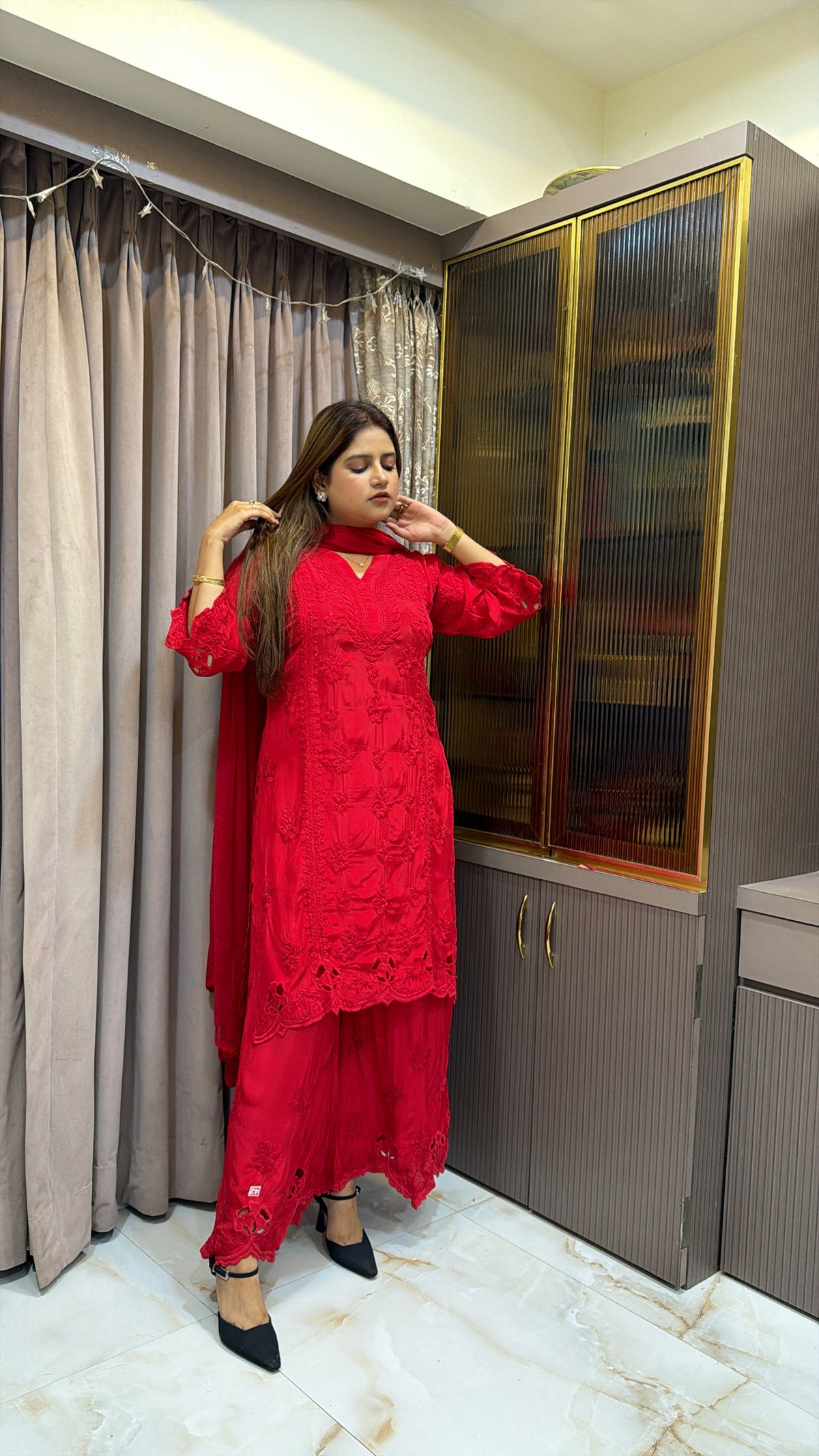 #2016 Red Pure crepe cutwork lucknowi co ord Plazo set
