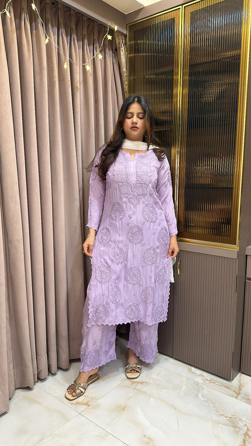Purple Jasmin crepe cutwork set with mukesh work