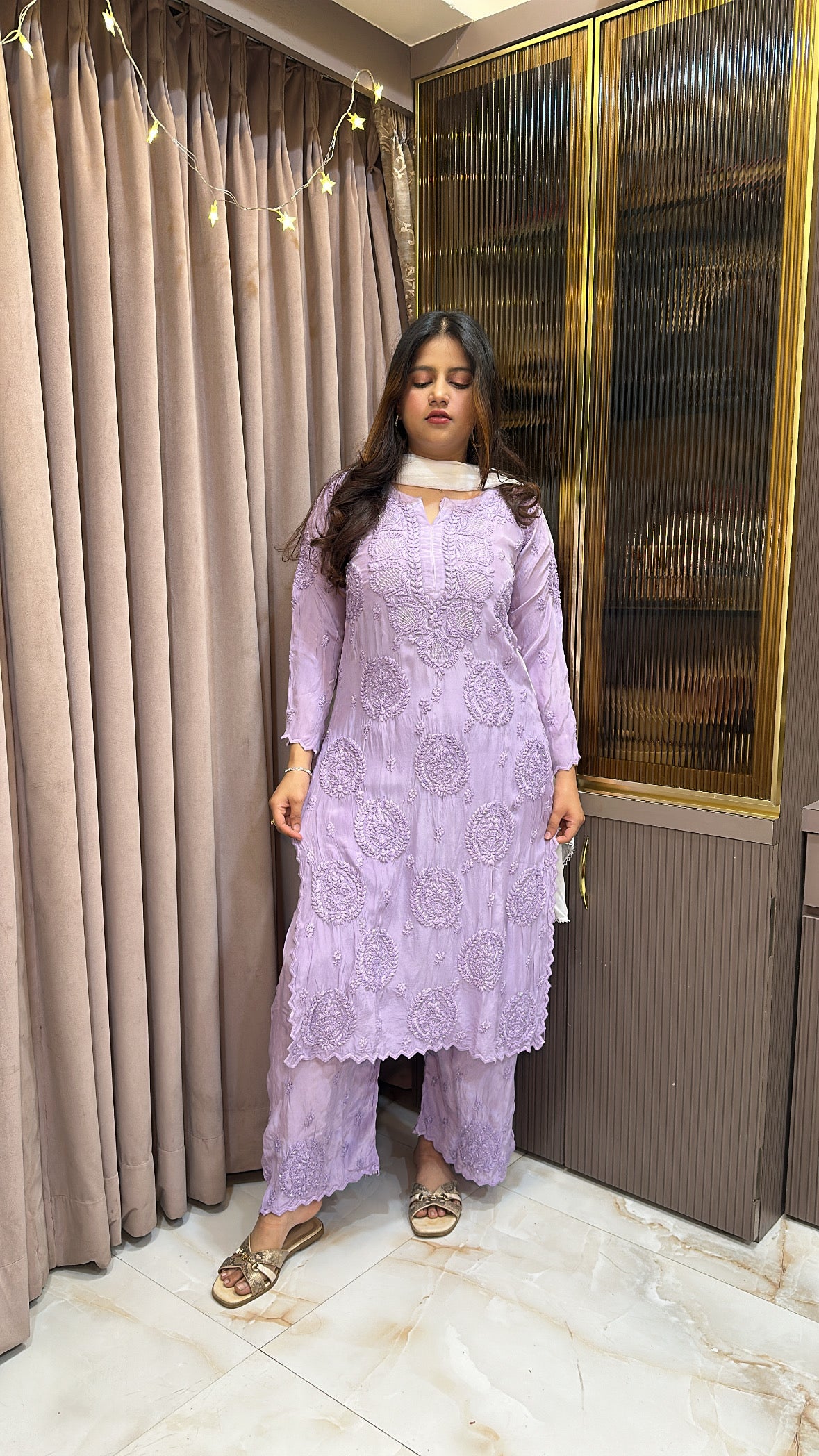 Purple Jasmin crepe cutwork set with mukesh work