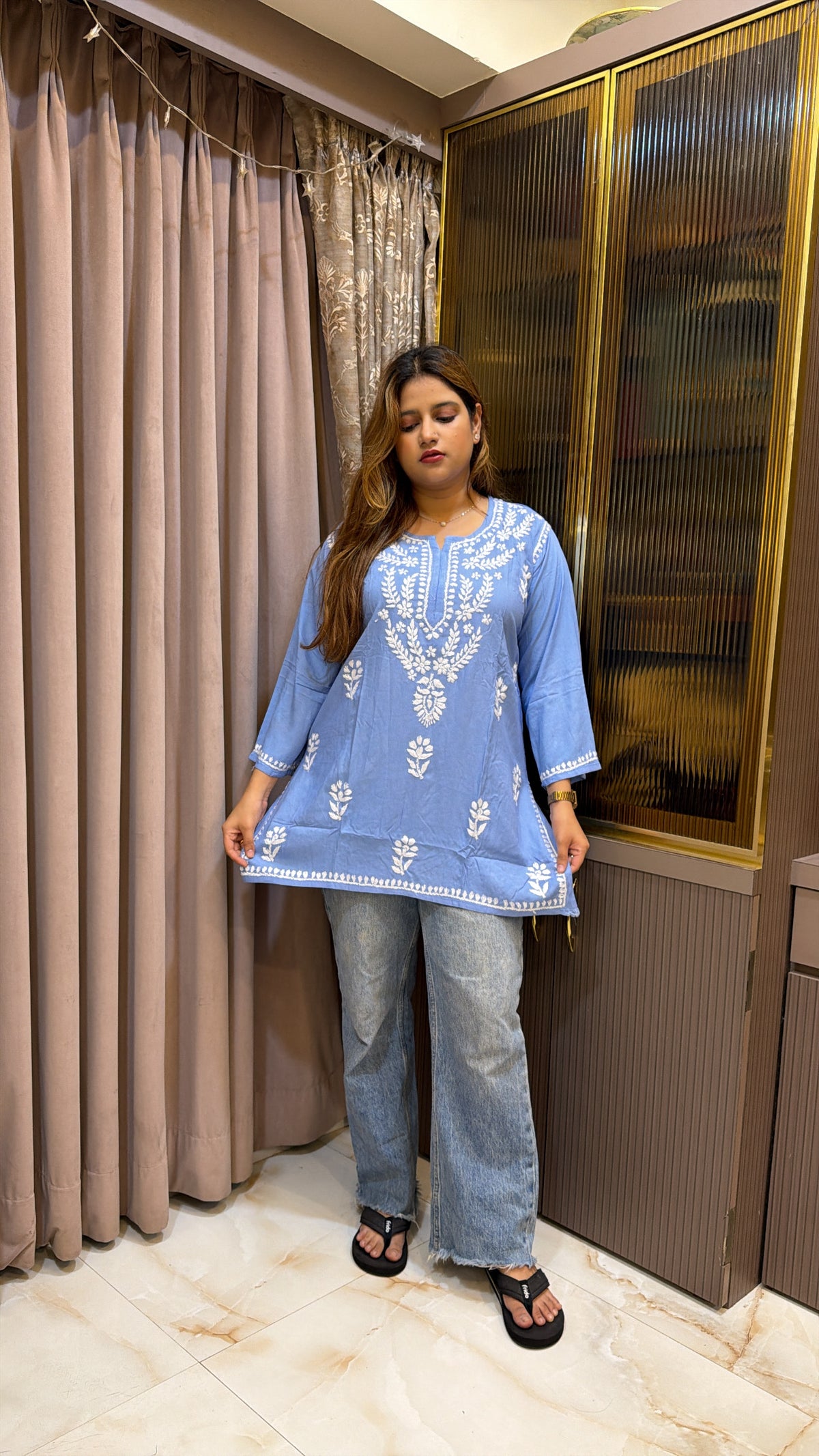 #2014 Indigo Pure Rayon Lucknowi Short Top