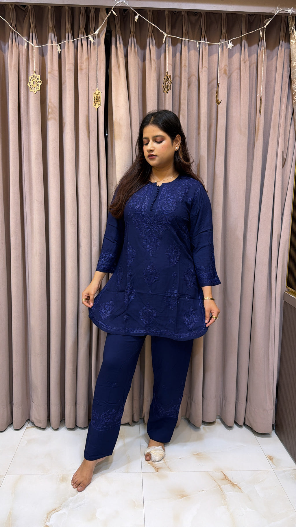 Navy Blue Rayon Lucknowi Pant Co ord Set