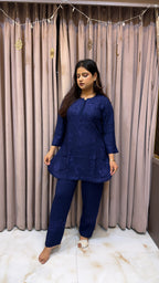 Navy Blue Rayon Lucknowi Pant Co ord Set